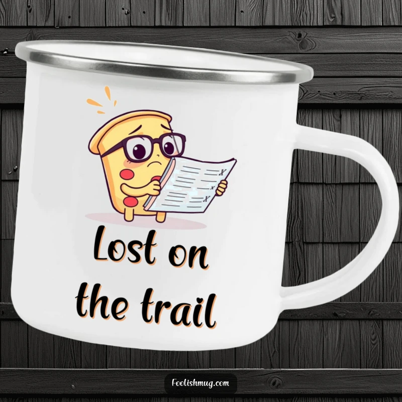 Funny pizza enamel camping mug featuring a confused slice with spectacles reading a menu, rugged fun.