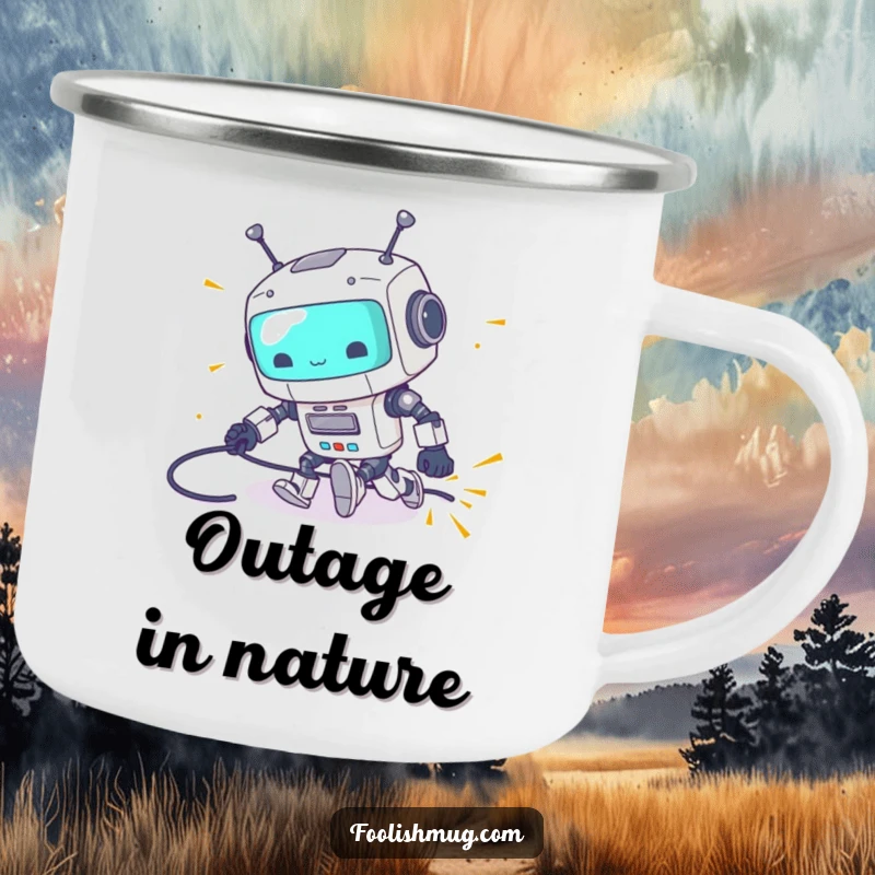 Funny camping mug depicting a clumsy robot tripping over its power cord with sparks flying, for outdoor fun and as a funny gift.