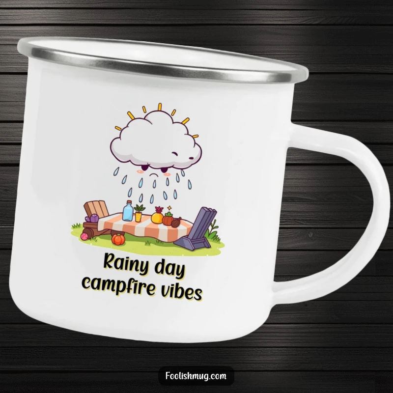 Funny camping mug with a grumpy cloud attempting to rain on a sunny picnic, ideal for sipping beverages during contemplative outdoor moments.