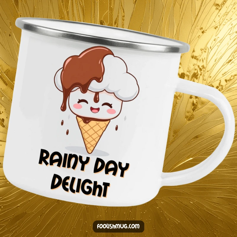 Funny camping mug depicting a giggling cloud character raining chocolate syrup on a confused ice cream cone, for outdoor fun and as a funny gift.