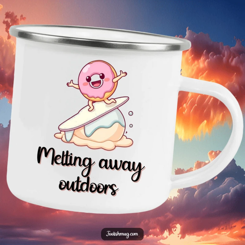 Funny Donut Camping Mug, a sturdy enamel cup with a smiling donut character attempting to surf on a melting scoop of ice cream.
