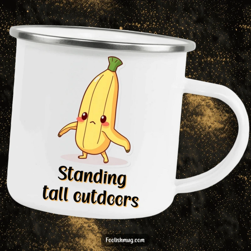 Funny Camping Mug: A determined banana peel character humorously trying to stand upright. Rugged and motivational for camping trips.