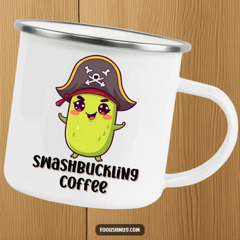 Funny Camping Mug: A mischievous pickle in a tiny pirate hat, perfect for outdoor adventures and a splash of humorous pirate delight.