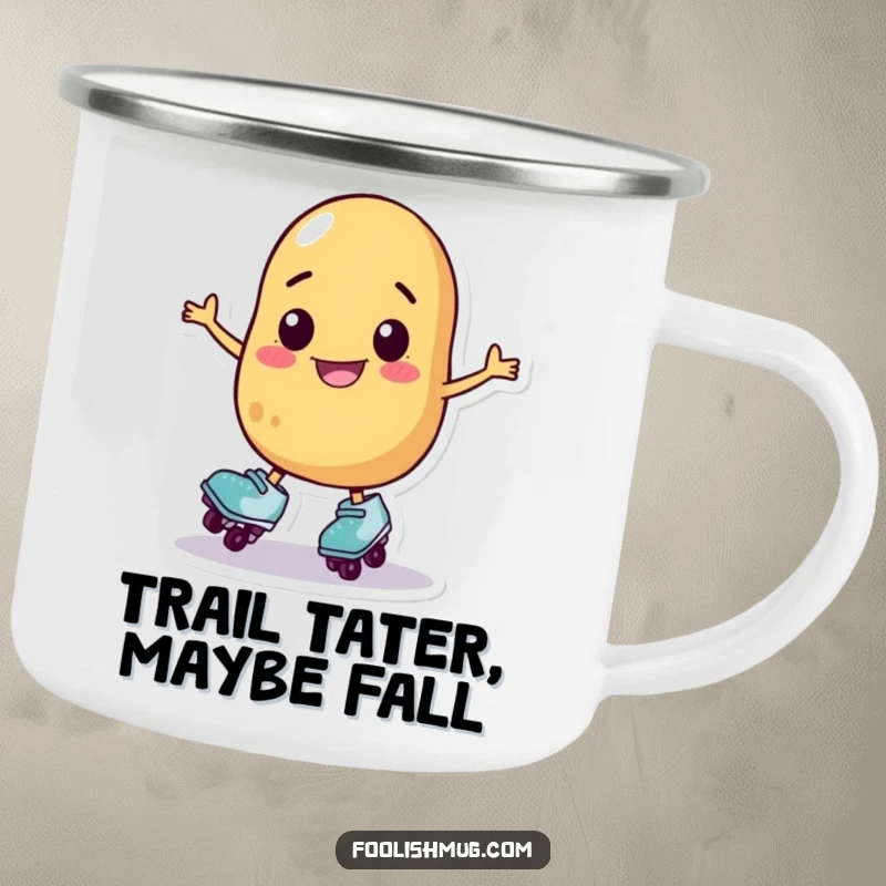 Funny potato character on roller skates wobbling, enamel camping mug, ideal funny gift for outdoor lovers.