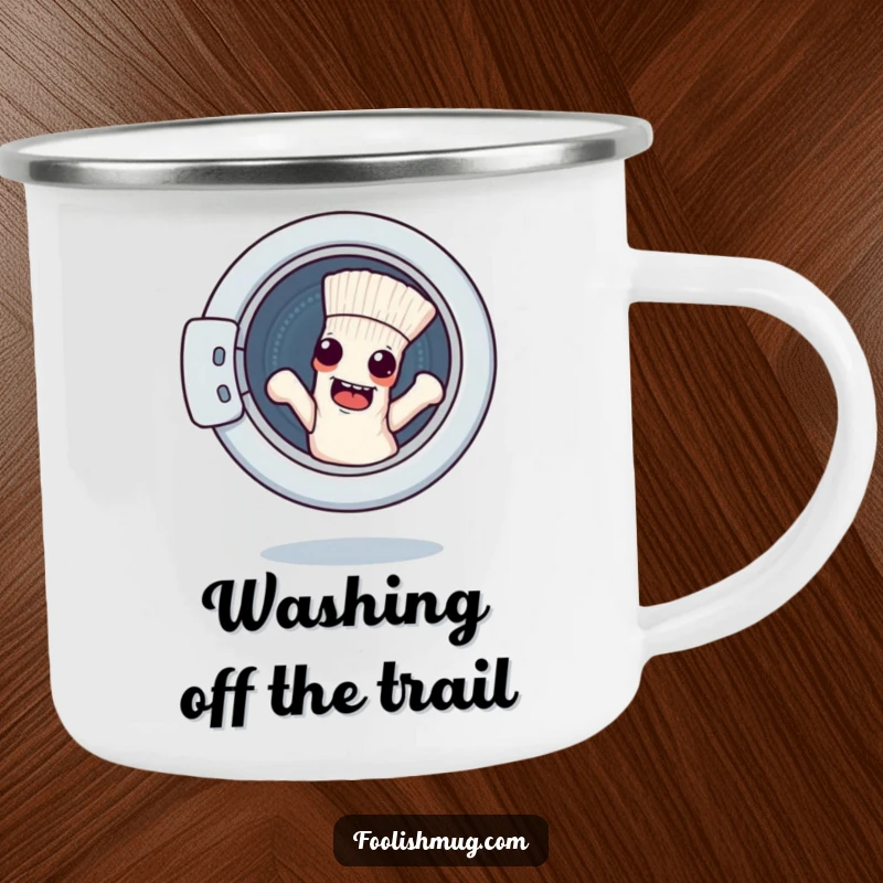 Funny camping mug with a mischievous sock character escaping a washing machine, ideal for outdoor contemplation of chores.