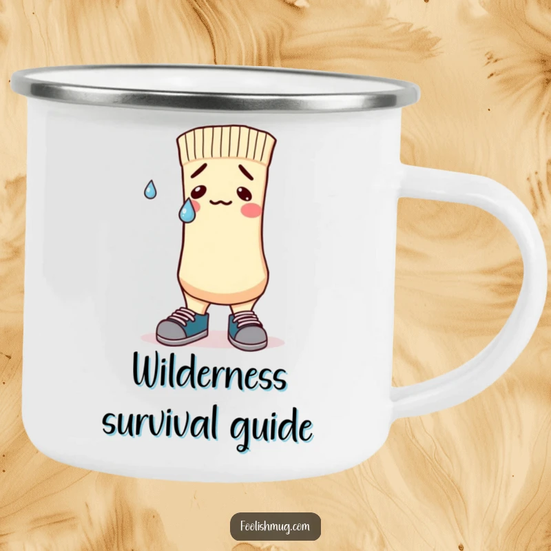 Funny Camping Mug featuring a nervous sock character with mismatched shoes and a sweatdrop, for outdoor humor.