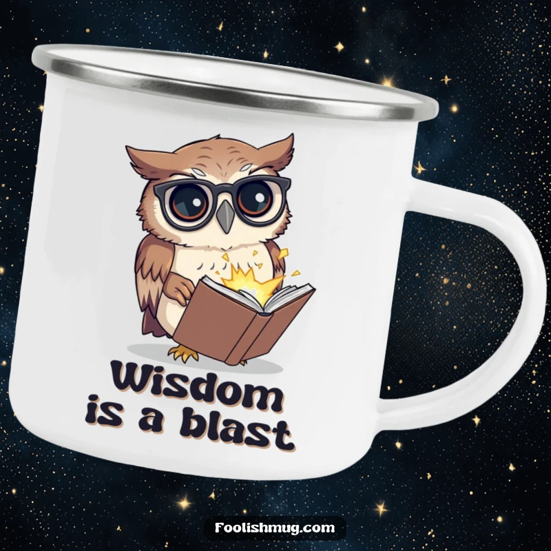 Funny camping mug depicting a confused owl with spectacles, reading a tiny exploding book, for outdoor fun and as a funny gift.