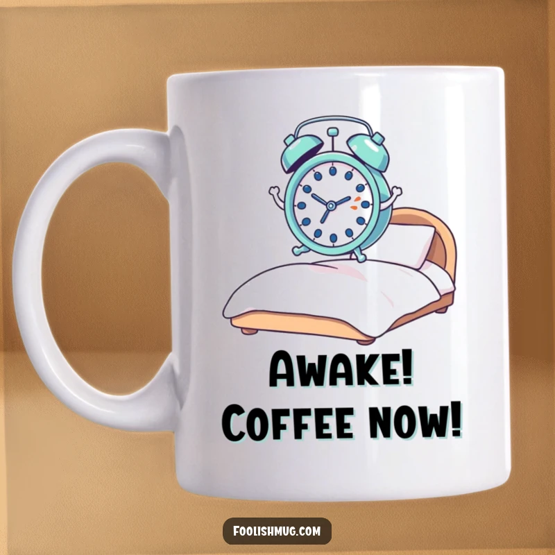 Funny alarm clock mug, tiny and startled, leaping out of a bed with cartoon springs, expressing comical morning panic and jumpiness.