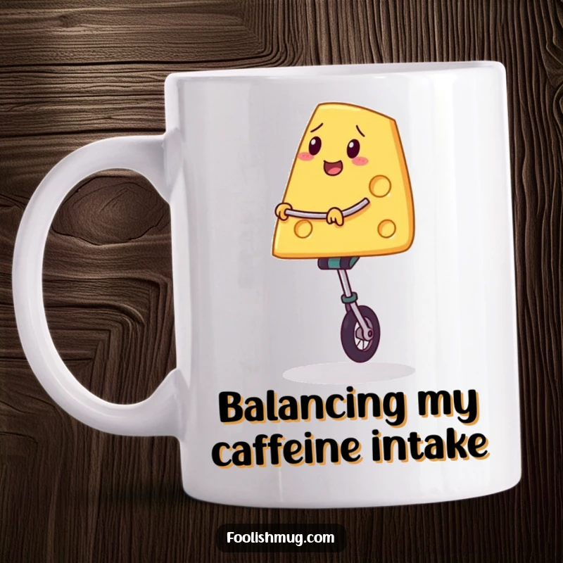 Funny mug featuring a slice of cheese precariously balancing on a unicycle, embodying a humorous challenge and cheesy fun.