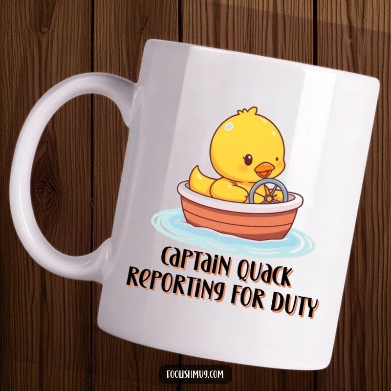 Funny rubber ducky character humorously steering a tiny bathtub boat, looking determined on a mug. Great for a laugh.