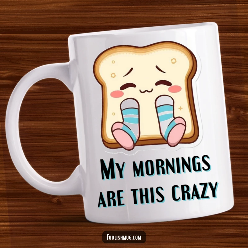 Funny confused toast slice wearing mismatched socks, looking bewildered on a ceramic mug, ideal humorous gift.