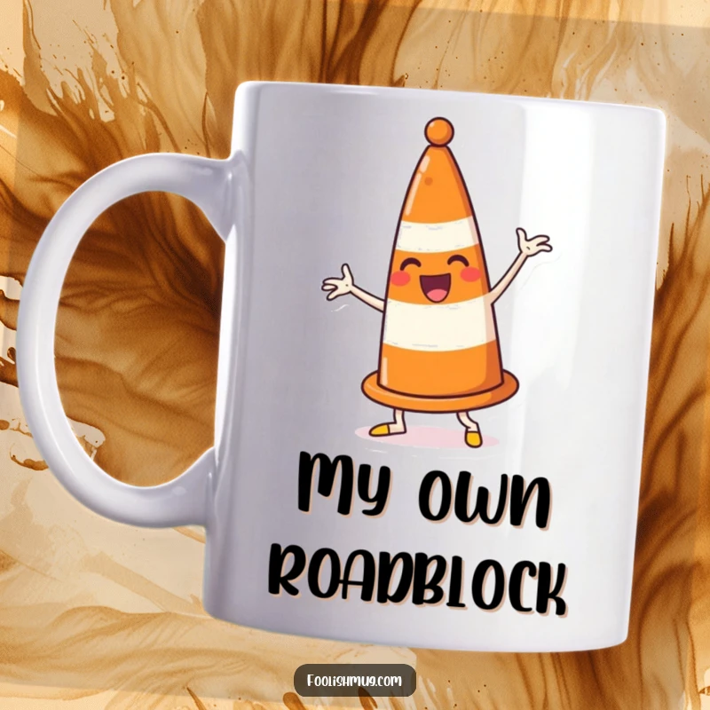 Funny traffic cone mug, overly enthusiastic, dancing wildly and comically blocking its own forward path, expressing joyous self-sabotage.