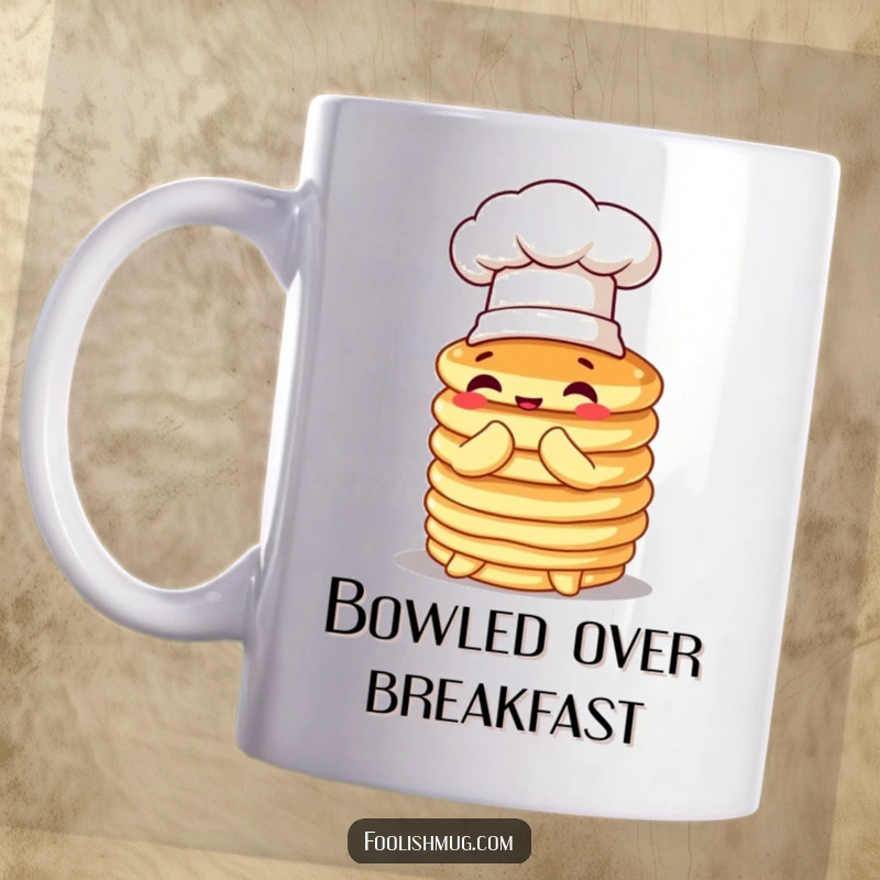 Funny pancake mug, wobbly stack wearing a tiny chef hat, comically attempting to bow, expressing sweet and humorous culinary ambition.
