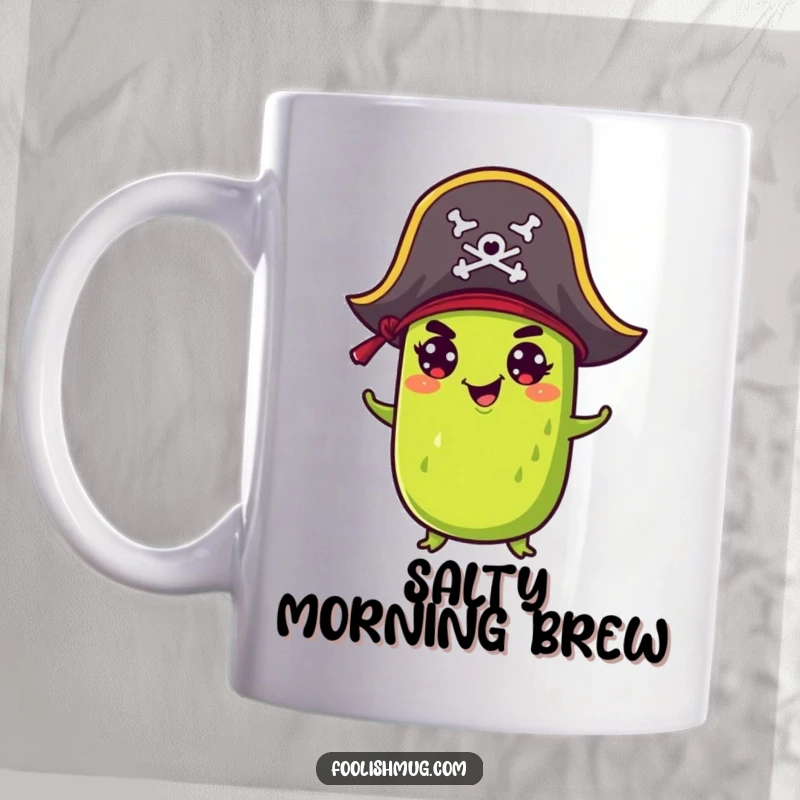 Funny Mug: A mischievous pickle sports a tiny pirate hat, ready for adventure with a salty, humorous grin.