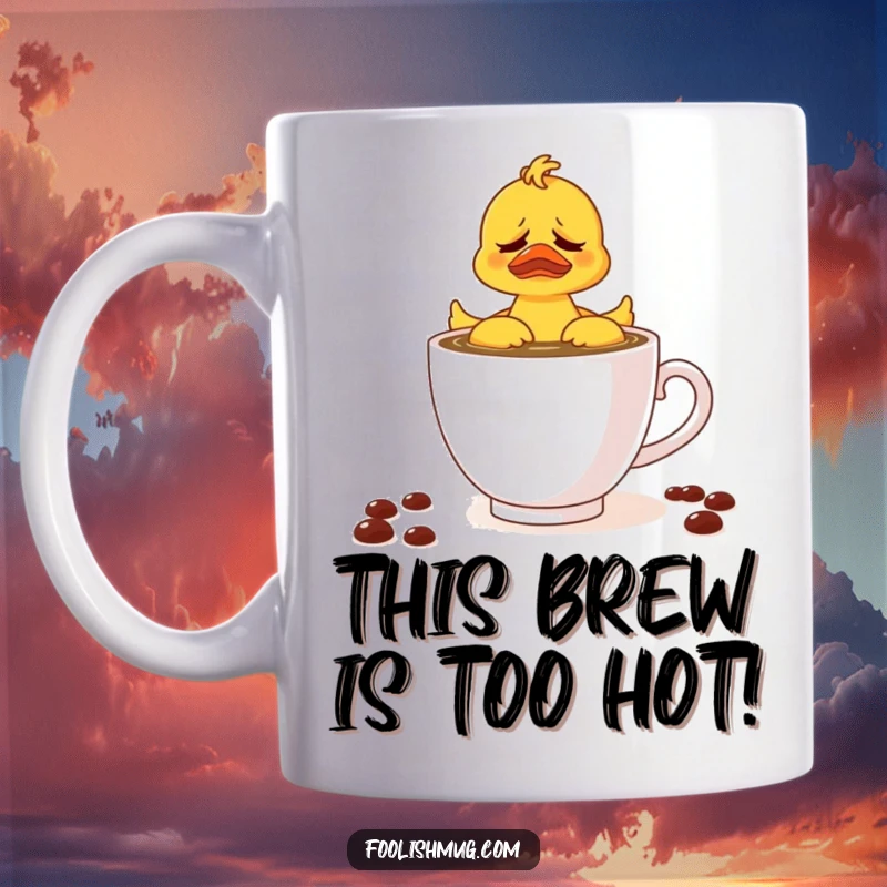 Funny mug showing a frustrated rubber ducky trying to swim in a teacup full of coffee, depicting morning chaos humorously.