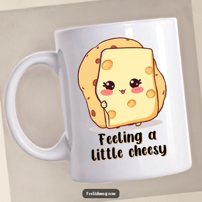 Funny Mug featuring a blushing cheese slice character peeking from behind a giant cracker, symbolizing cute shyness.