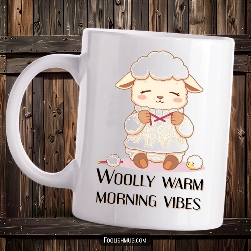 Funny sheep character in a mug, yawning while knitting a sweater made of its own fluffy wool, a humorous crafting scene.