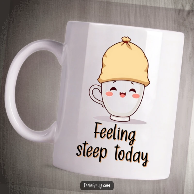 Funny mug with a playful teacup character attempting to wear a giant teabag as a hat, a whimsical and humorous tea-themed funny gift.