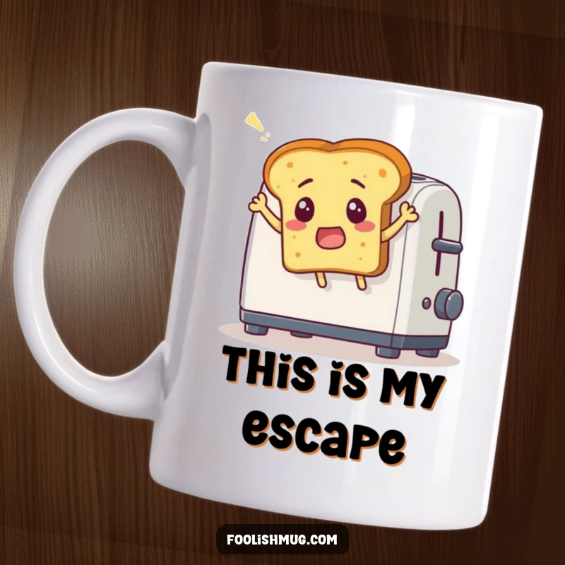 Funny mug showing a surprised bread slice comically leaping out of a toaster, a delightful and humorous breakfast-themed funny gift.