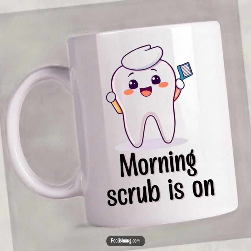 Funny Mug: A smiling toothbrush character enthusiastically scrubs a large, discolored molar, symbolizing dental diligence.