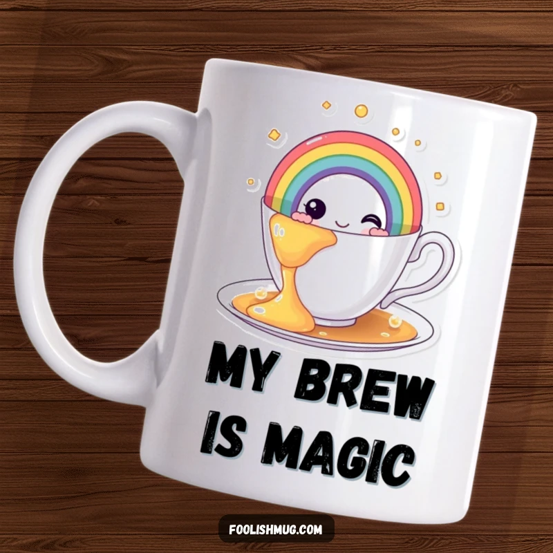 Funny teacup mug overflowing with a vibrant rainbow instead of tea, symbolizing joy and colorful dreams, a delightful visual.
