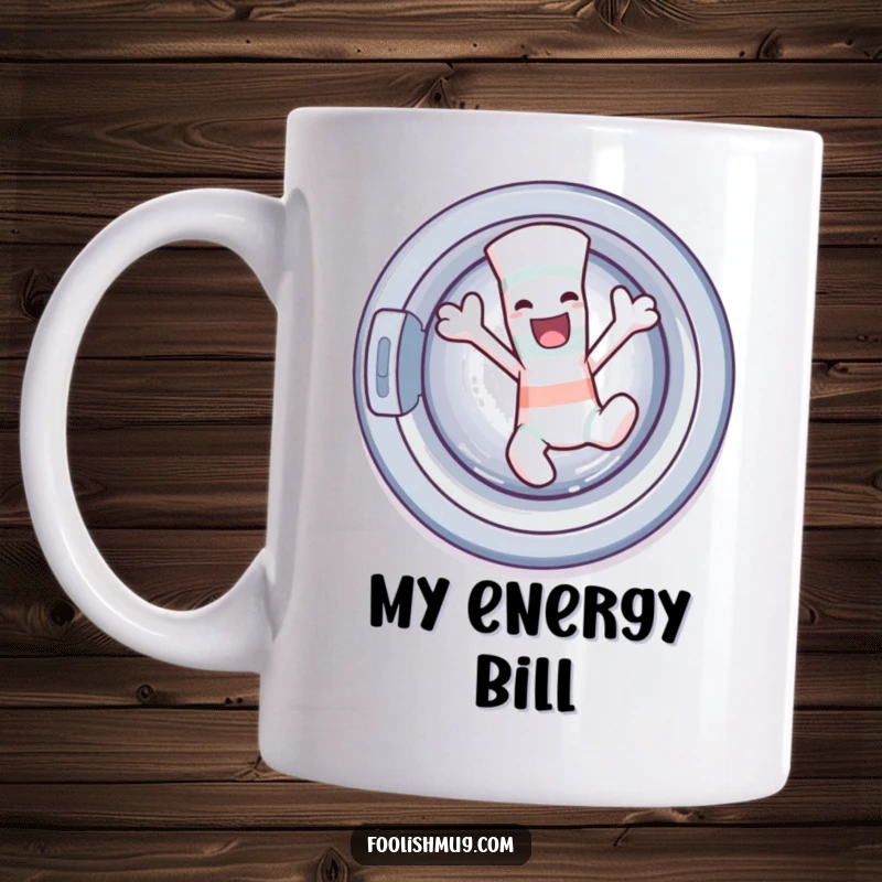 Funny sock character dancing wildly out of a washing machine on a mug, illustrating a playful escape for humor lovers.