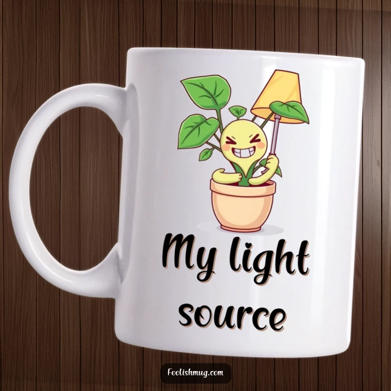 Funny mug showcasing a potted plant with a wide, maniacal grin, arms outstretched to awkwardly hug a table lamp, depicting quirky mischief.