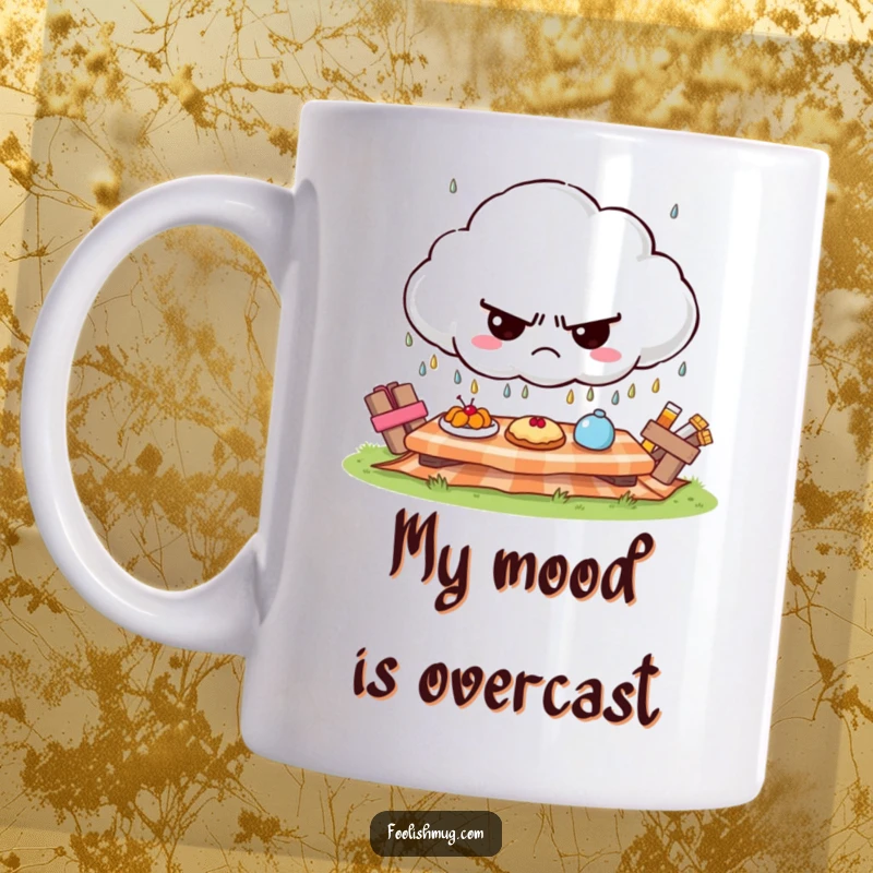 Funny grumpy cloud character raining tiny frowns onto a sunny picnic, humorous and relatable funny gift.