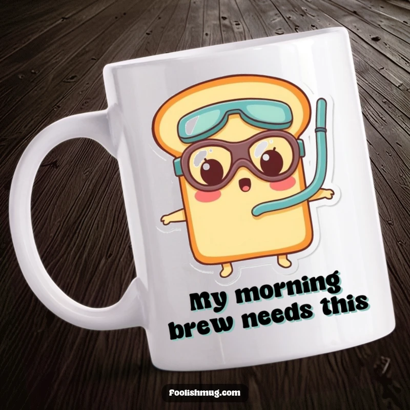 Funny bread loaf character wearing tiny goggles and snorkel, looking surprised on a mug, ready for aquatic fun.