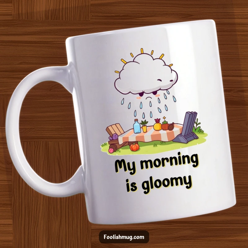 Funny mug featuring a grumpy cloud attempting to rain on a cheerful sunny picnic, symbolizing a humorous clash of moods.