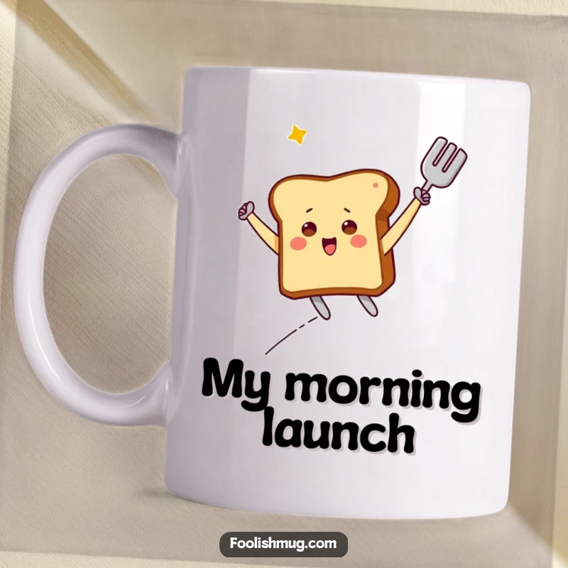 Funny Mug: Triumphant toast character flying high on a spatula, celebrating a breakfast victory. A joyously absurd morning scene.