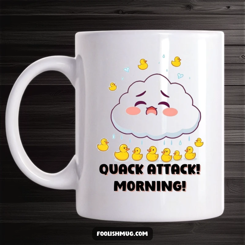 Funny startled cloud raining tiny bouncing rubber ducks, a whimsical and hilarious mug, a perfect funny gift.