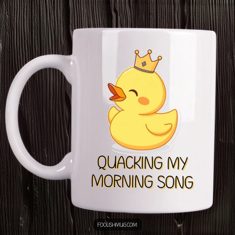 Funny singing rubber duck wearing a tiny crown, with mouth open, on a ceramic mug, regal and cheerful.