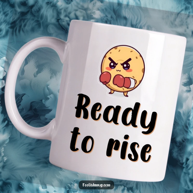 Funny mug with a mischievous bagel character wearing tiny boxing gloves and looking determined, ready to fight.