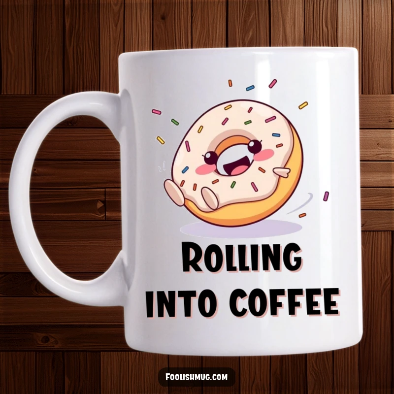 Funny Mug: A happy donut character joyfully rolling downhill, with sprinkles flying everywhere. A scene of delightful, clumsy chaos.