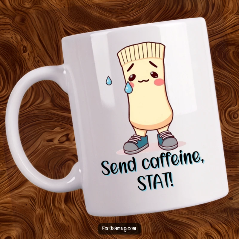 Funny Mug featuring a nervous sock character in mismatched shoes with a sweatdrop, embodying relatable anxiety and humor.