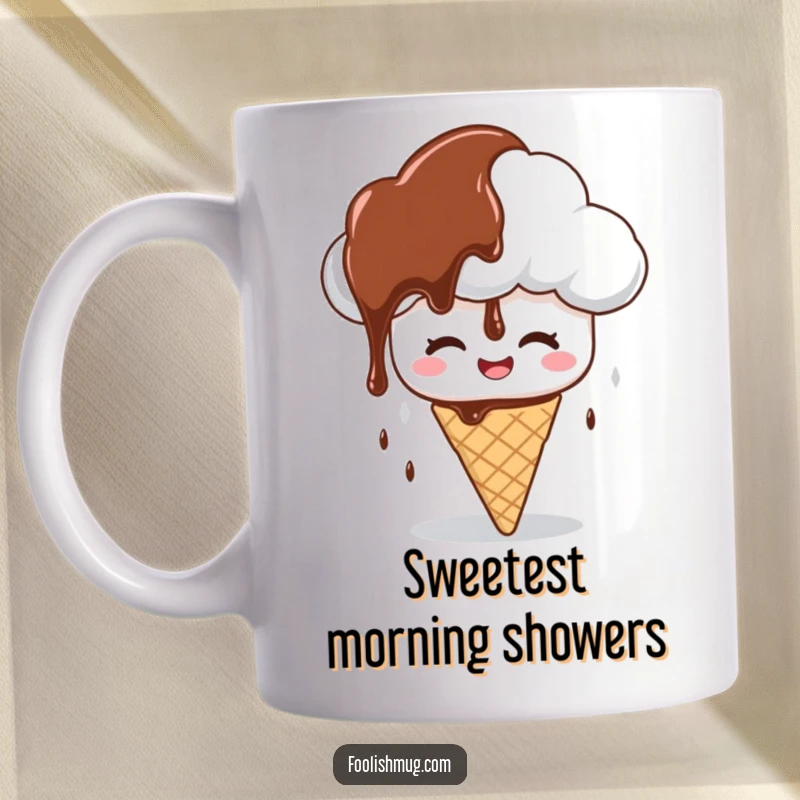 Funny mug featuring a giggling cloud character dramatically raining chocolate syrup on a confused ice cream cone, a sweet and humorous funny gift.