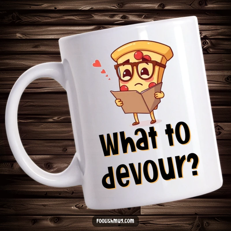 Funny mug with a confused pizza slice wearing small spectacles, struggling to read an enormous menu, expressing indecision.