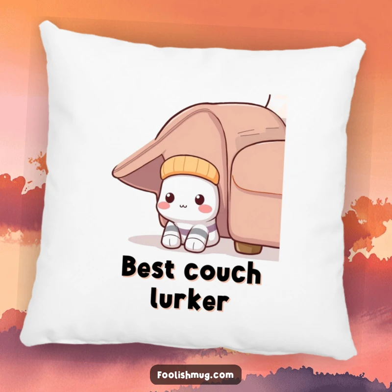 Funny Shy Sock Pillow: A plush pillow depicting a shy sock humorously peeking from under a couch, perfect for cozy retreats.