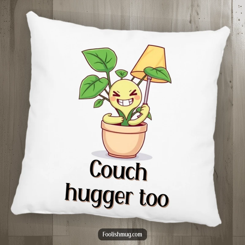 Funny decorative pillow with a potted plant sporting a crazed smile trying to embrace a lamp, adding a touch of dark humor to seating.