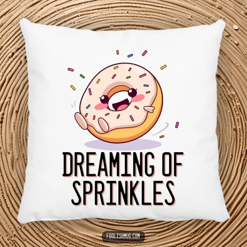 Funny Pillow: A happy donut character rolling downhill in a clumsy, joyful manner with sprinkles flying. Soft, humorous home decor.