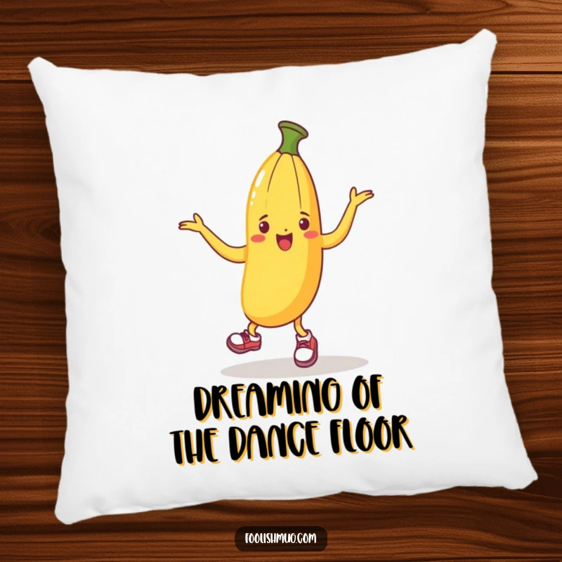Funny pillow featuring a banana peel in cute shoes dancing merrily, adding a touch of playful charm to any seating area.