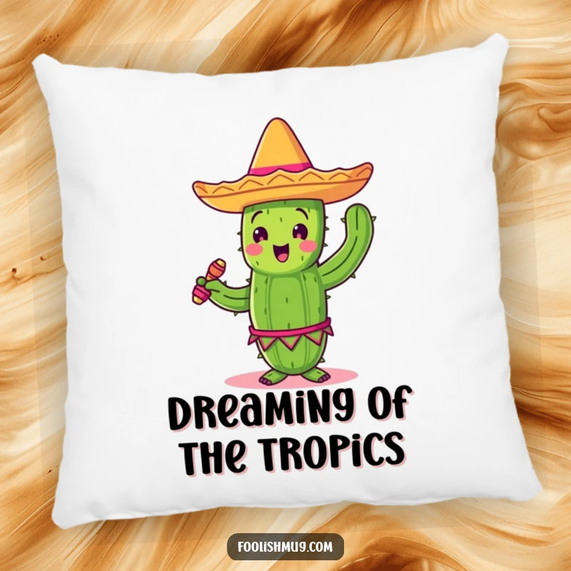 Funny dancing cactus with sombrero and maracas, on a soft pillow, bringing fiesta vibes.