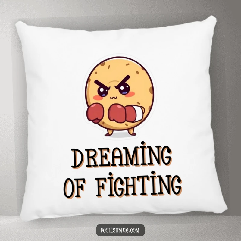 Funny pillow featuring a mischievous bagel character wearing tiny boxing gloves, looking determined, adding a touch of grit.