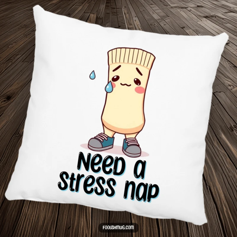 Funny Pillow with a nervous sock character, mismatched shoes, and a sweatdrop, offering comfort and comic empathy.