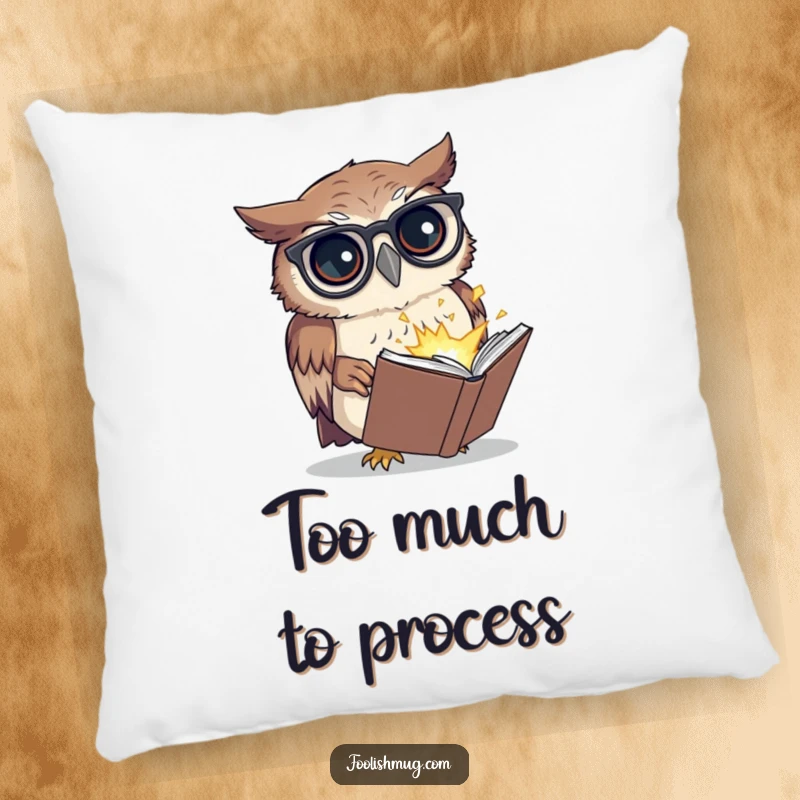 Funny pillow decorated with a confused owl wearing spectacles, looking at a tiny exploding book, offering comfort and humor as a funny gift.