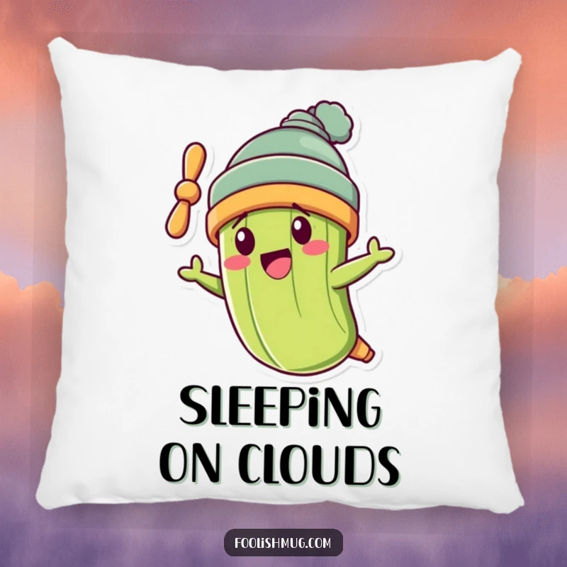 Funny pickle character wearing a propeller beanie, flying crookedly on a comfy funny pillow.