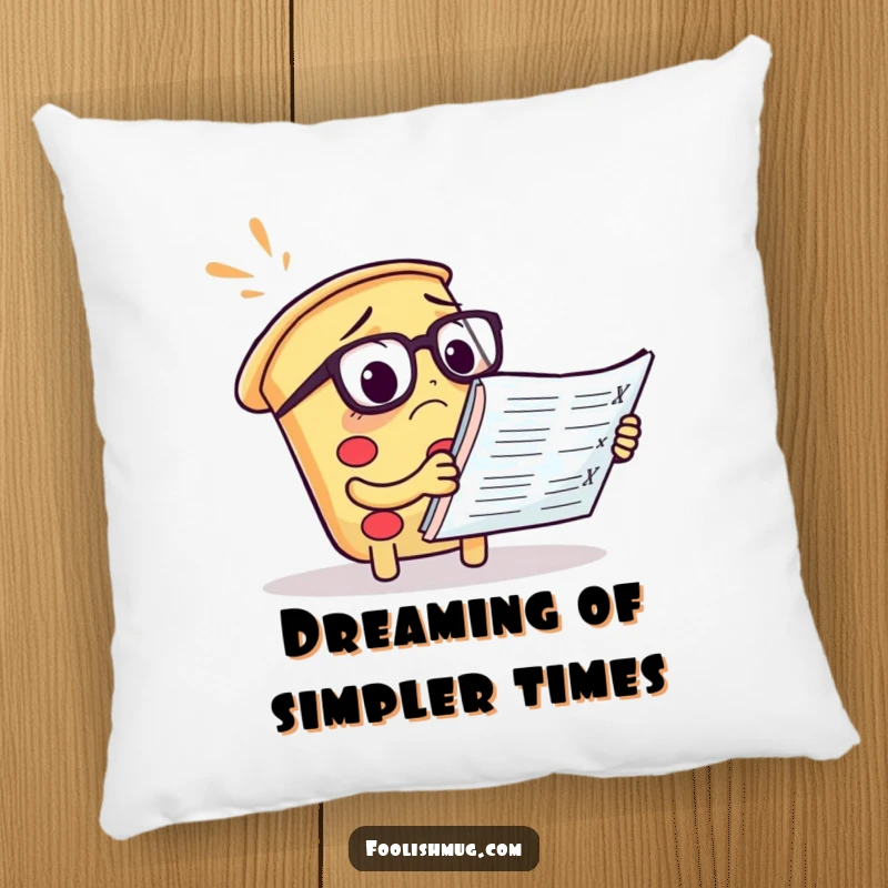 Funny pizza pillow featuring a confused slice with spectacles reading a menu, cozy foodie decor.