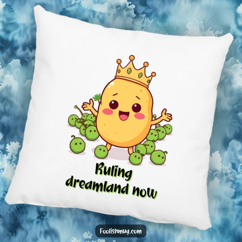 Funny potato character wearing a tiny crown and directing a pea army on a pillow, offering soft comfort and regal humor.