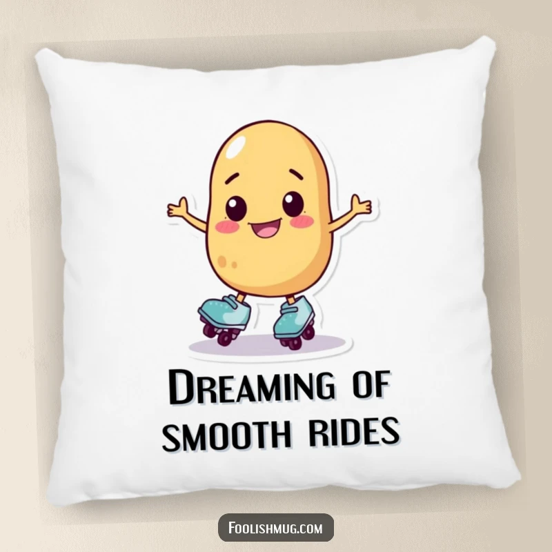 Funny potato character on roller skates wobbling, plush pillow, perfect funny gift for couch decor.